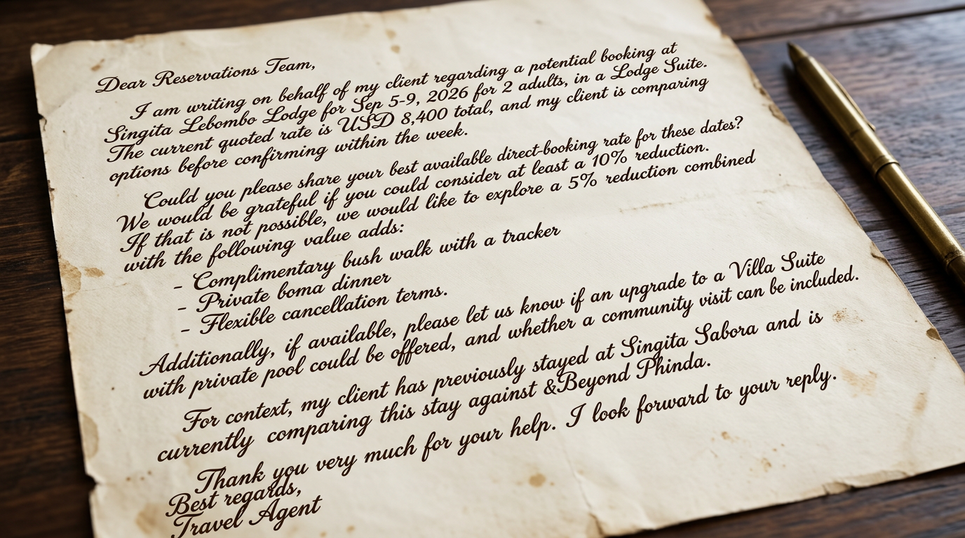 A handwritten letter from Travel Agent to a hotel reservations team